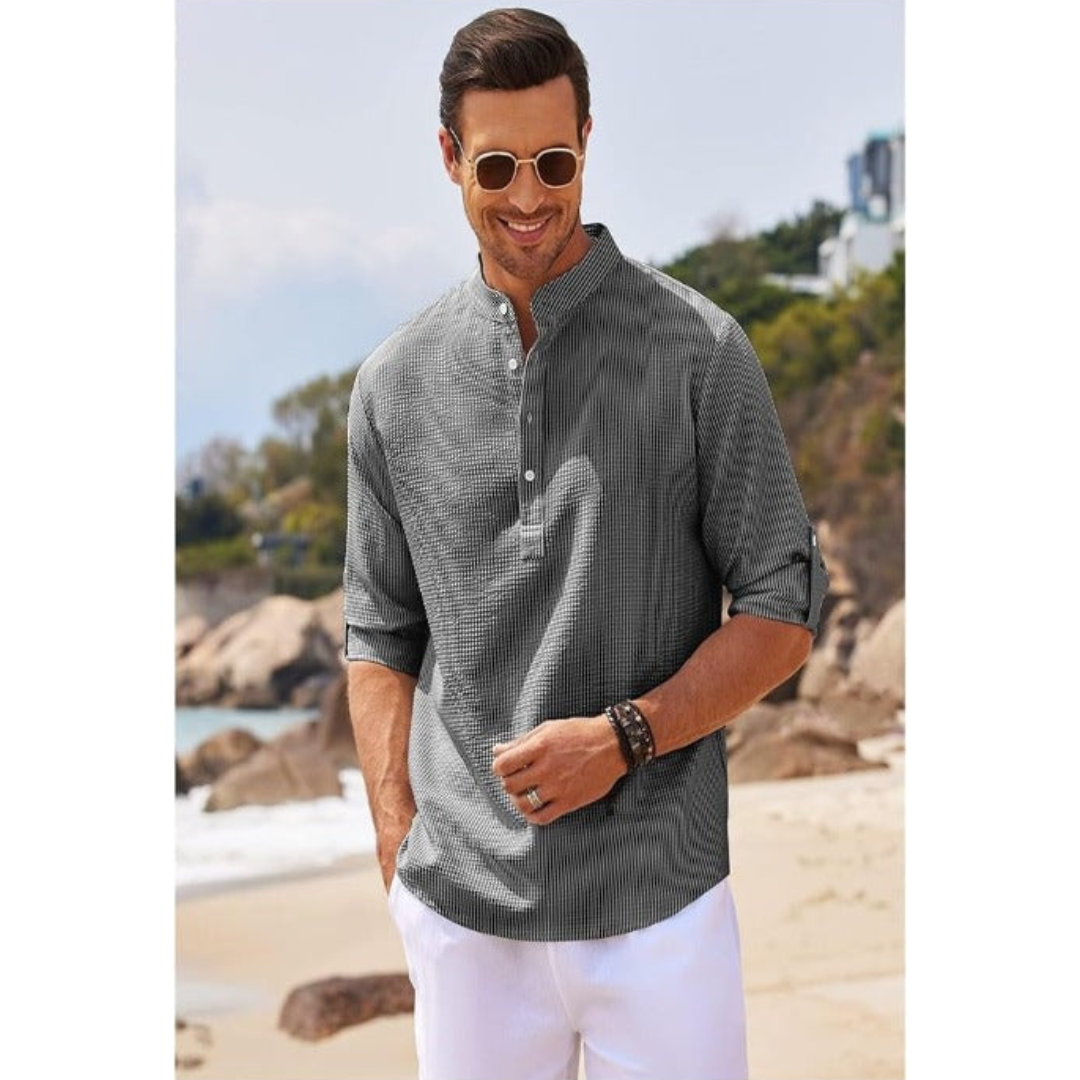 Men’s summer shirt with stand collar and half buttons