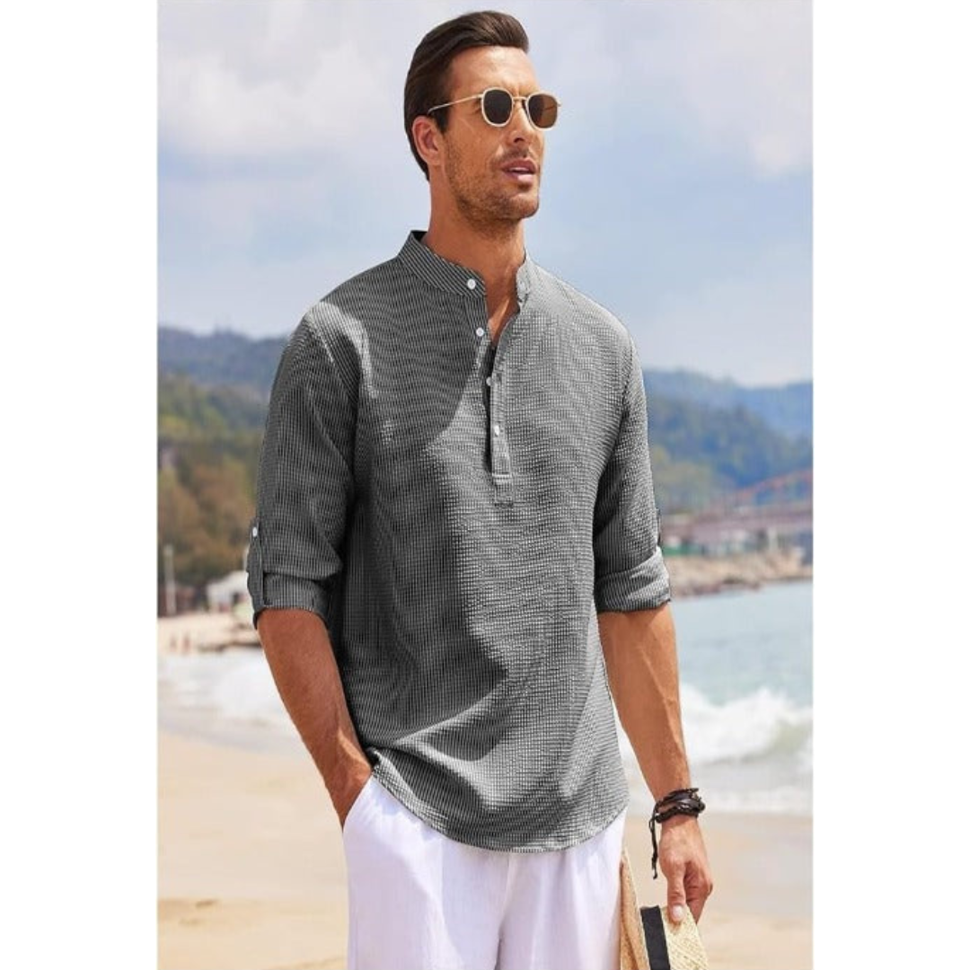 Men’s summer shirt with stand collar and half buttons