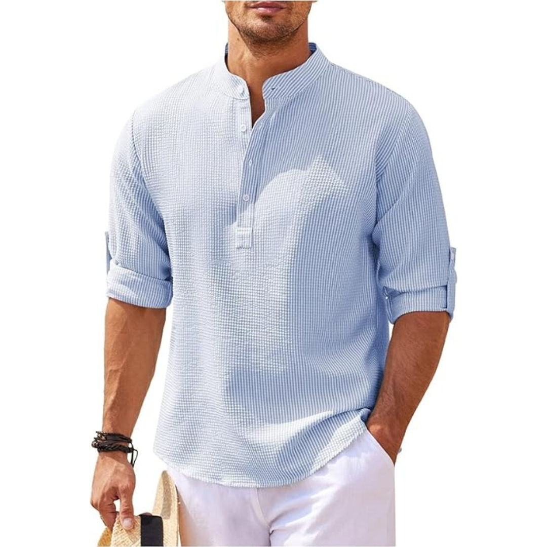 Men’s summer shirt with stand collar and half buttons