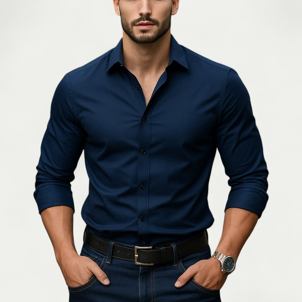 Slim Fit Long Sleeve Business Casual Stretch Shirt for Men