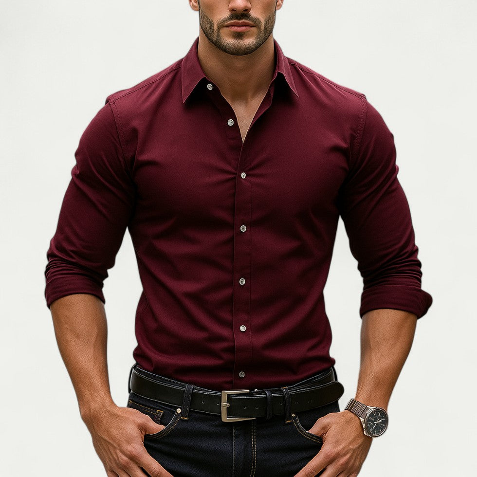 Slim Fit Long Sleeve Business Casual Stretch Shirt for Men