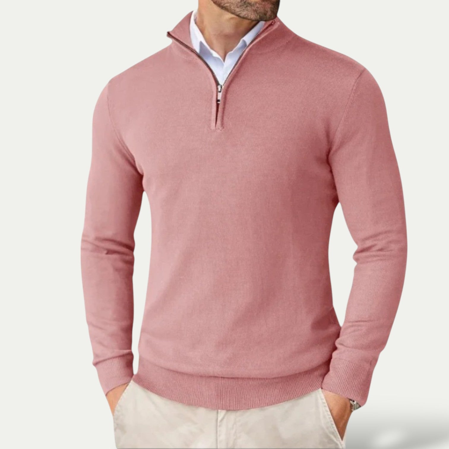 Men's Cashmere Pullover with Half Zip and Long Sleeves