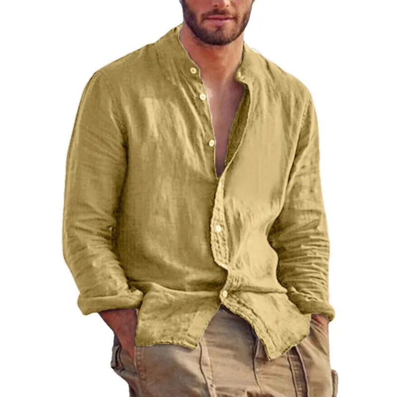 Casual Linen Shirt with Mandarin Collar for Men