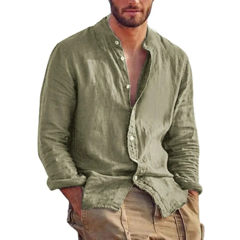 Casual Linen Shirt with Mandarin Collar for Men