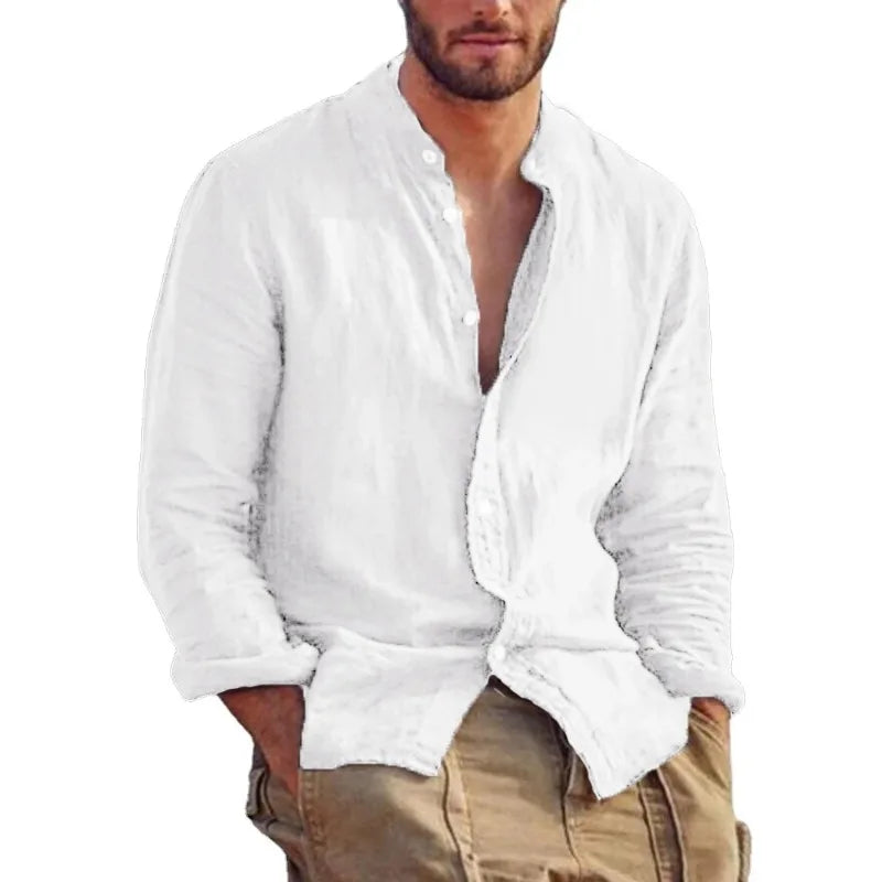 Casual Linen Shirt with Mandarin Collar for Men
