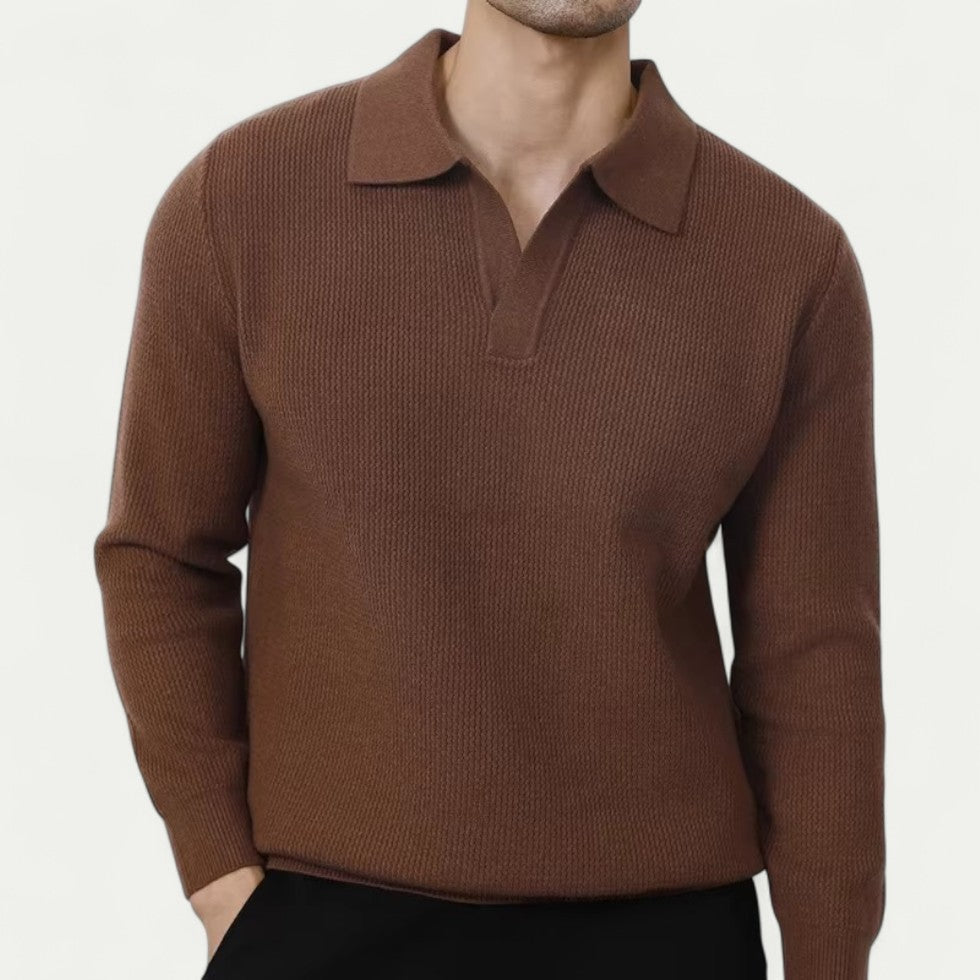Men’s Knitted Long Sleeve Sweater with Open Collar