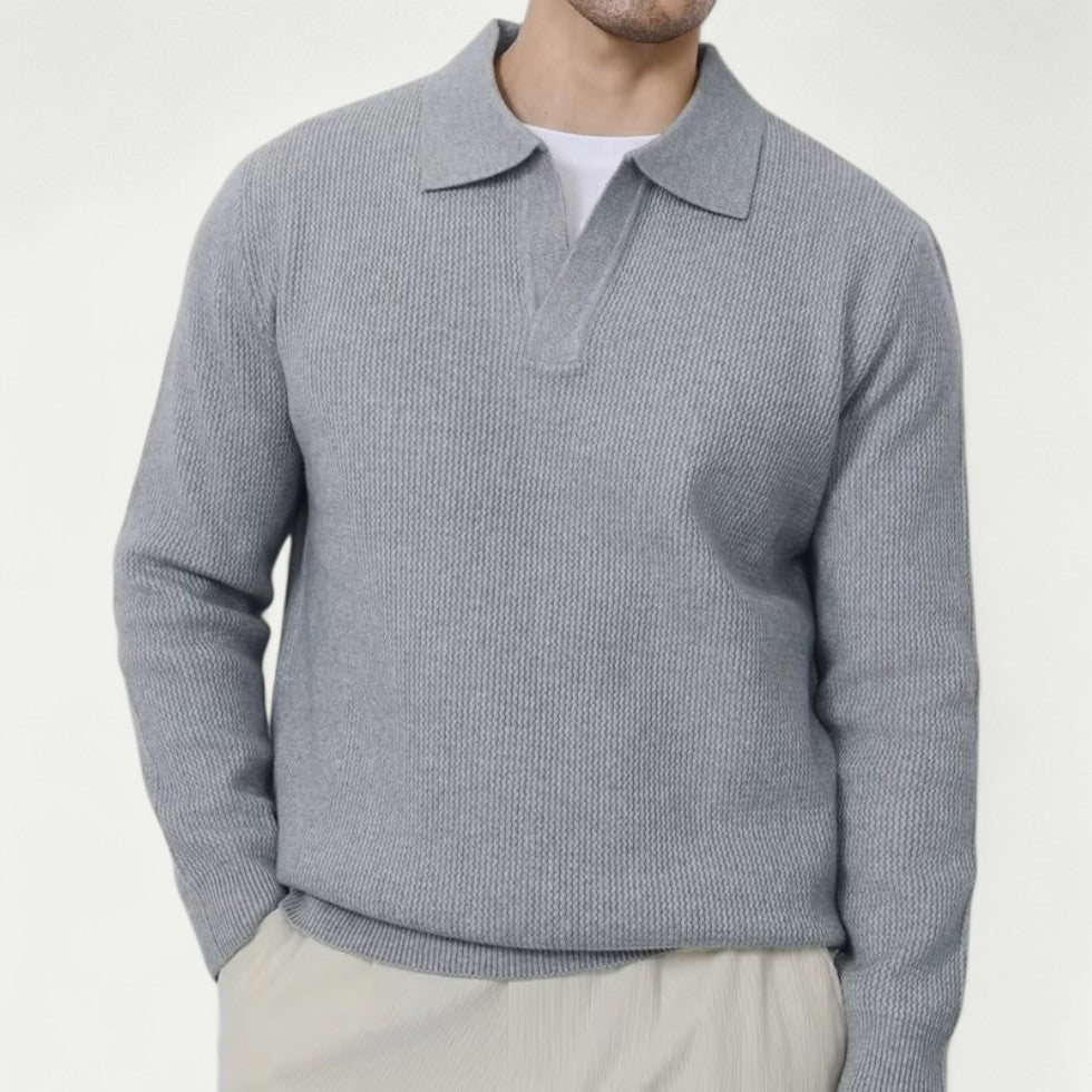 Men’s Knitted Long Sleeve Sweater with Open Collar