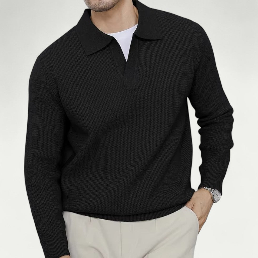 Men’s Knitted Long Sleeve Sweater with Open Collar